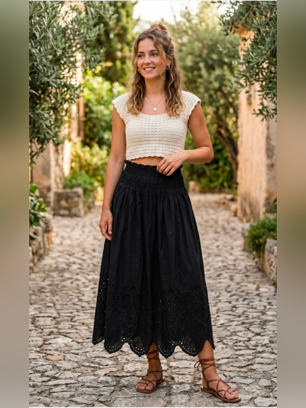 NWOT Moon River Black Eyelet cotton midi Skirt, Size M